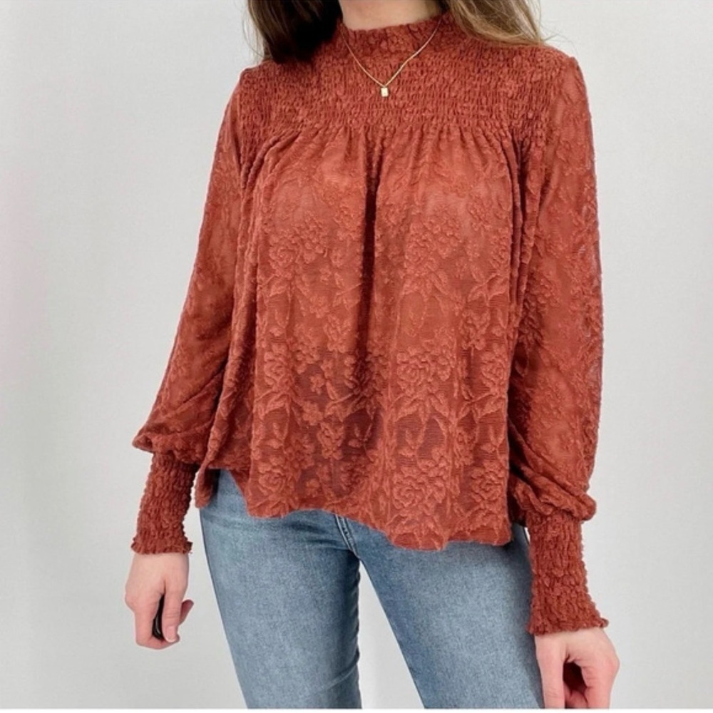 Anthropologie Deletta‎ Amanna Lace Top XS Burnt Orange Long Sleeve Boho Blouse